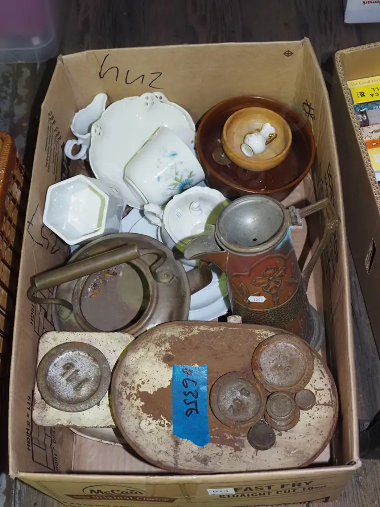 box; vintage scales, copper teapot etc Image 1++