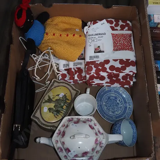box; hand bag, teapot, cups etc