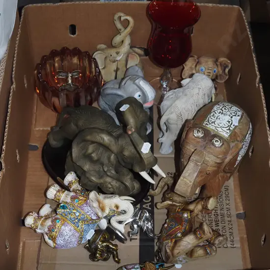 box; elephant ornaments, green glass goblet, pink glass bowl