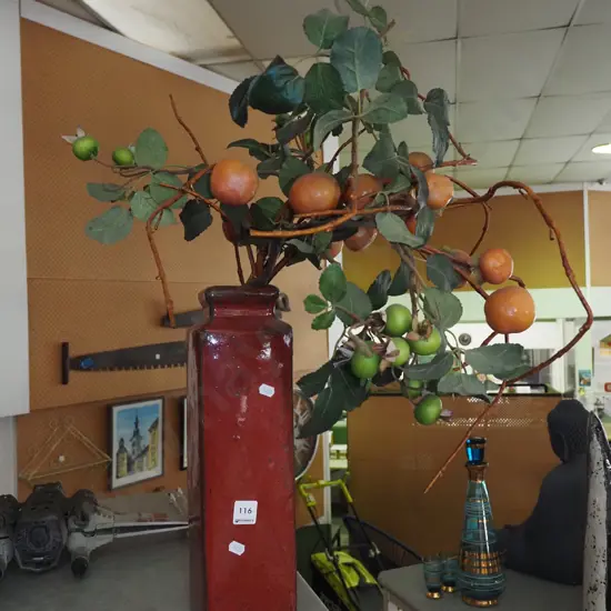 red glazed slab pottery vase and faux fruit Vase H380