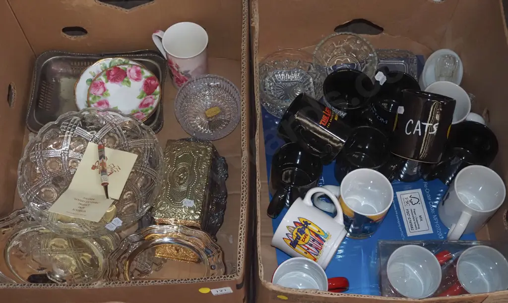 2x boxes; plated ware, crystal bowls, coffee cups, glass bowls etc - yellow dots Image 1++