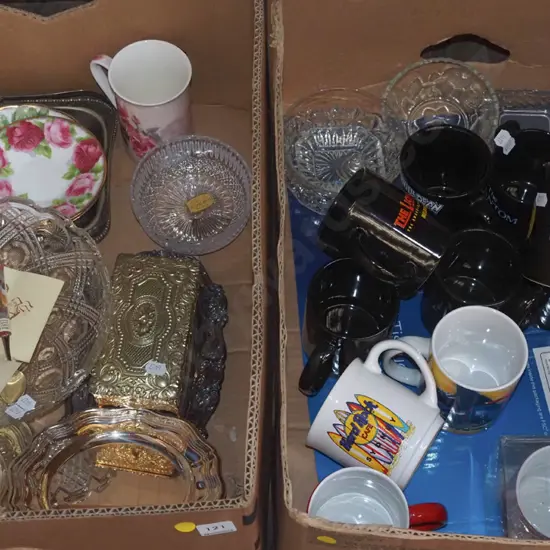 2x boxes; plated ware, crystal bowls, coffee cups, glass bowls etc - yellow dots