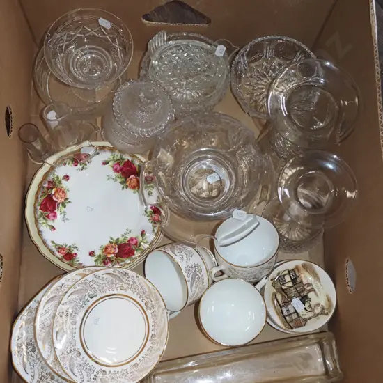 box; crystal and glass ware, tea cups etc