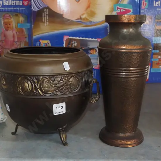 footed brass jardiniere, beaten copper vase H270