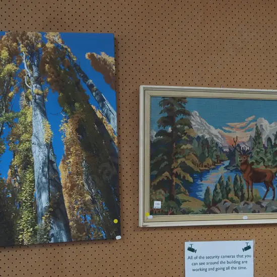 framed needlework, print on canvas - leaves - yellow dots