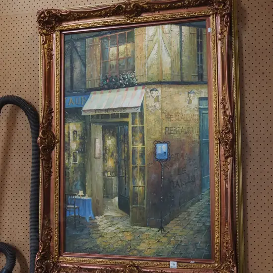 gilt framed oil on canvas - French café scene Overall H1090 W520