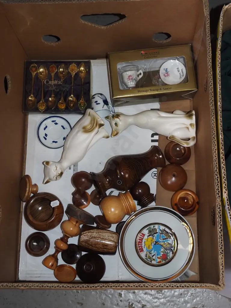 box; cat figurines, souvenir teaspoons, turned wood items etc Image 1++