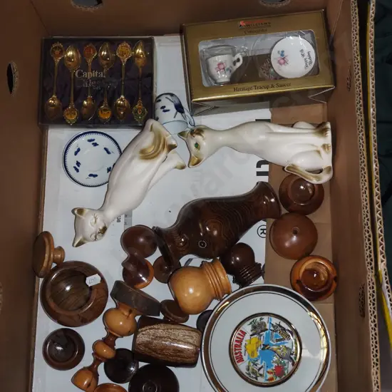 box; cat figurines, souvenir teaspoons, turned wood items etc
