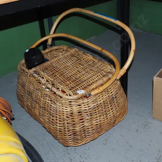 cane picnic hamper; thermoses, cups etc