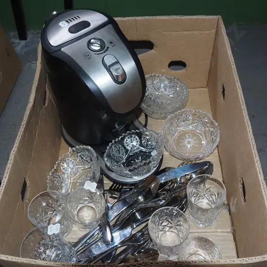 box; glass bowl, whisky tumbers, cutlery etc