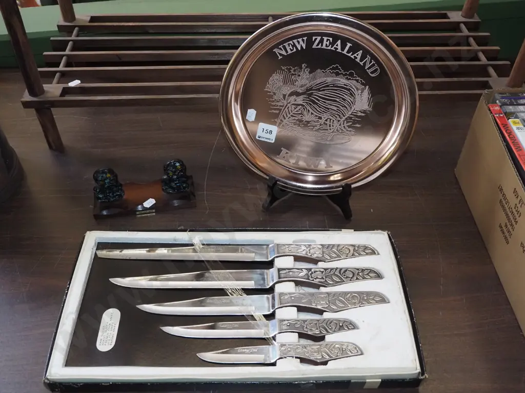 etched NZ kiwi tray, paua tikis, knife set Image 1++