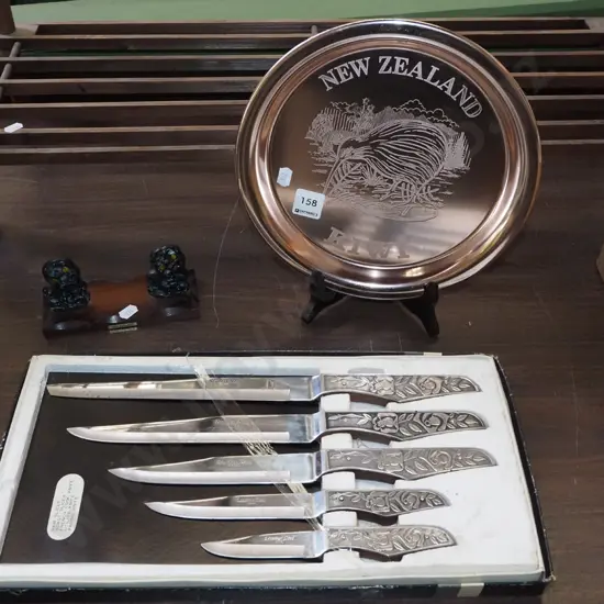 etched NZ kiwi tray, paua tikis, knife set