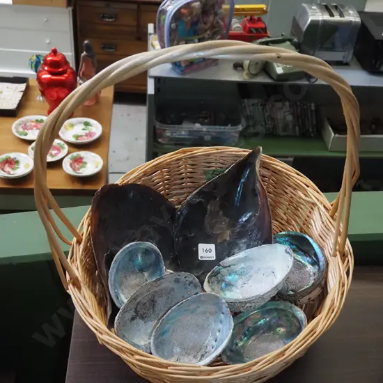 cane basket, paua shells etc