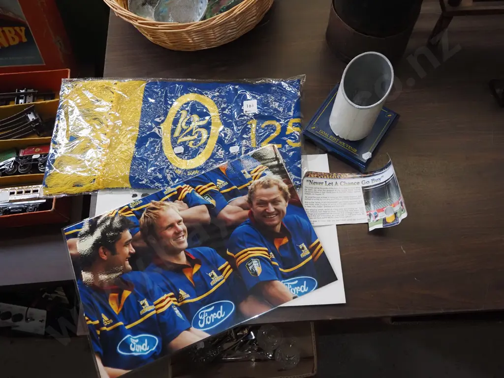 Otago Rugby memorabilia; photograph, 125th anniversary scarf, piece of Carisbrook goal post Image 1++