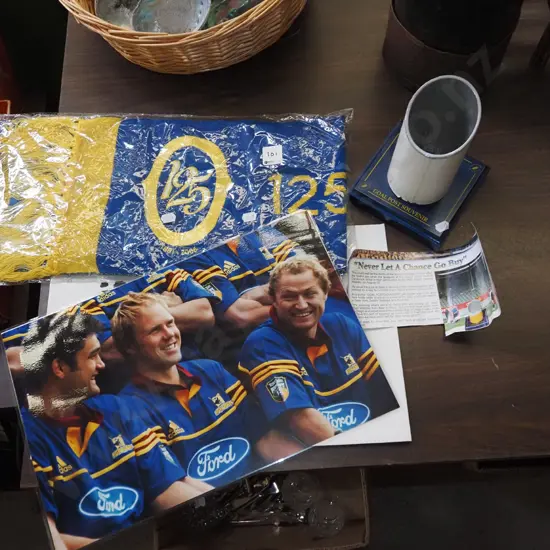 Otago Rugby memorabilia; photograph, 125th anniversary scarf, piece of Carisbrook goal post