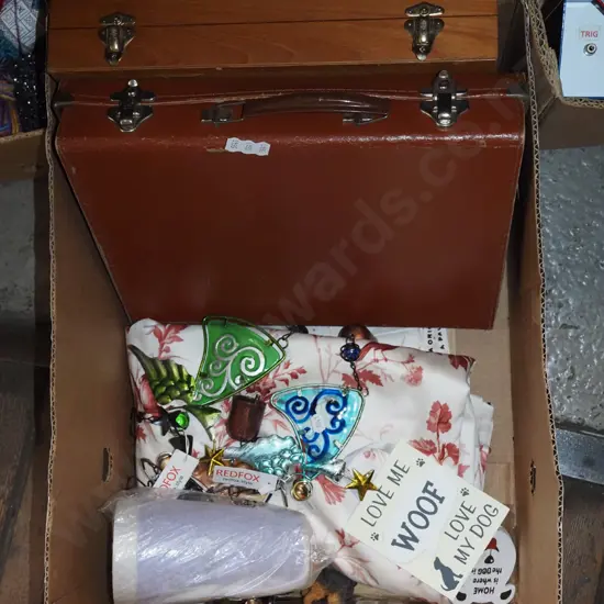 box; suitcase, wooden box, fabric pieces etc