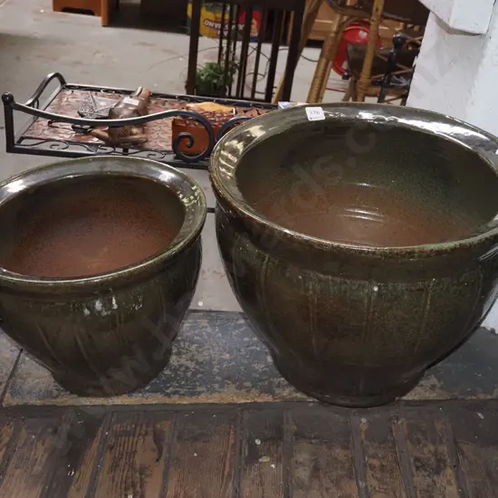 2x green glazed garden planters Largest H350 Diam400