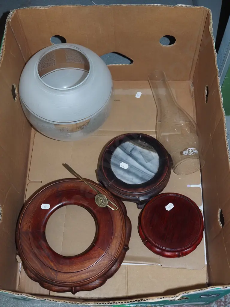 box; Asian vase stands, kerosene lantern chimney, glass lantern shade, etc. Image 1++