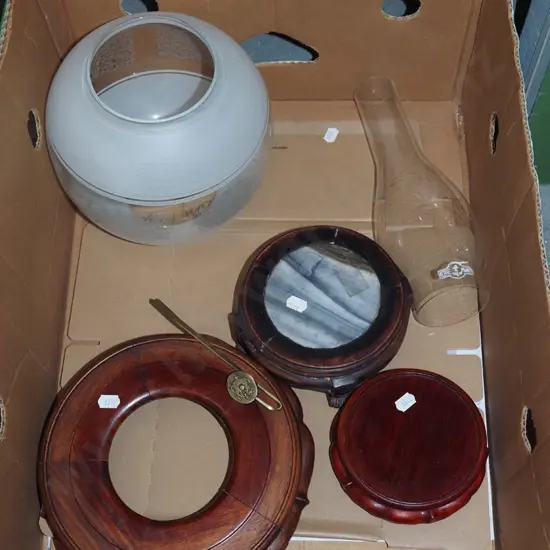 box; Asian vase stands, kerosene lantern chimney, glass lantern shade, etc.