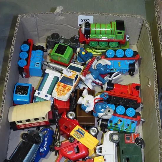 box; toy vehicles, Smurfs