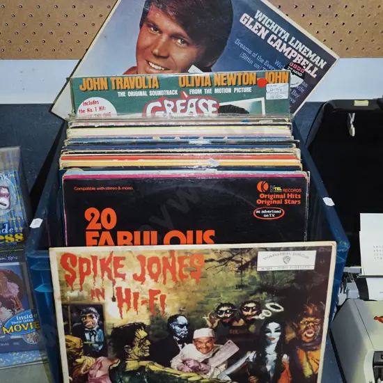 plastic tub; various LPs