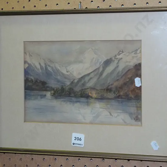 small framed watercolour - lake and mounatin scene