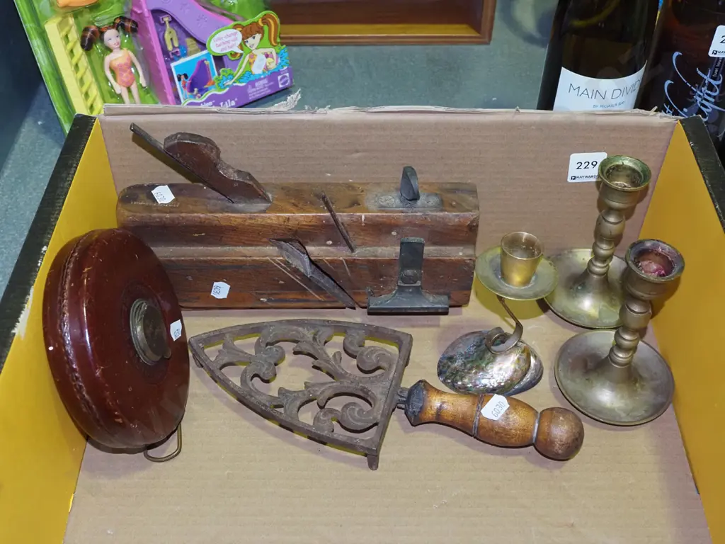 box; candlesticks, moulding plane, tape measure etc Image 1++