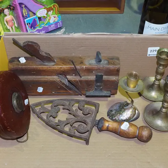box; candlesticks, moulding plane, tape measure etc