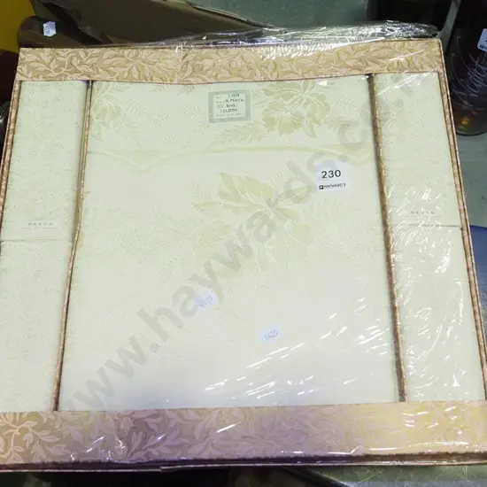 box; Irish linen tablecloth, napkins