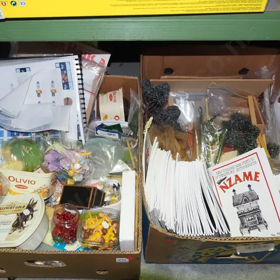 2x boxes of dolls house construction materials, dolls etc