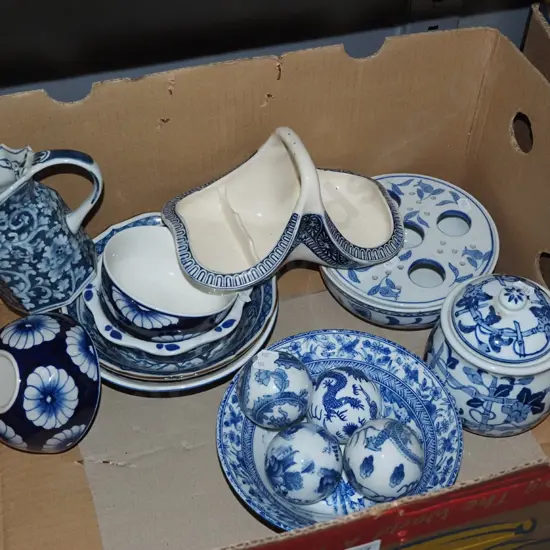 box; blue and white china, balls, bowls, lidded canisters etc