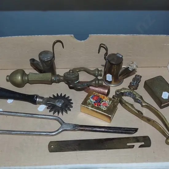 box; nutcracker, vintage hair curling tongs etc