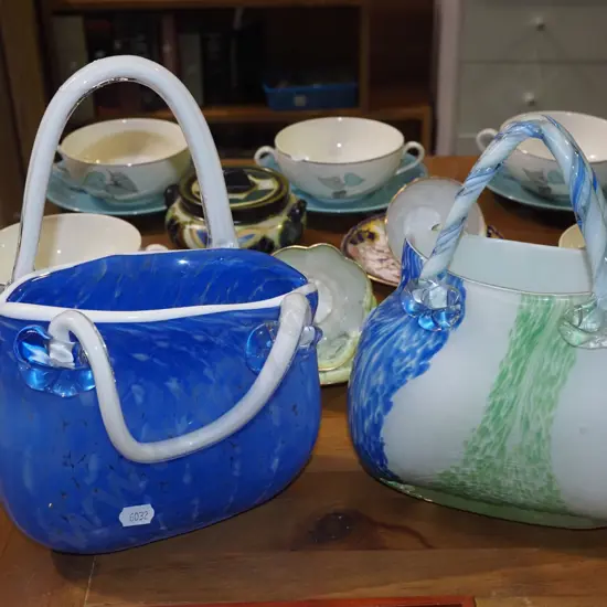 2x glass basket vases