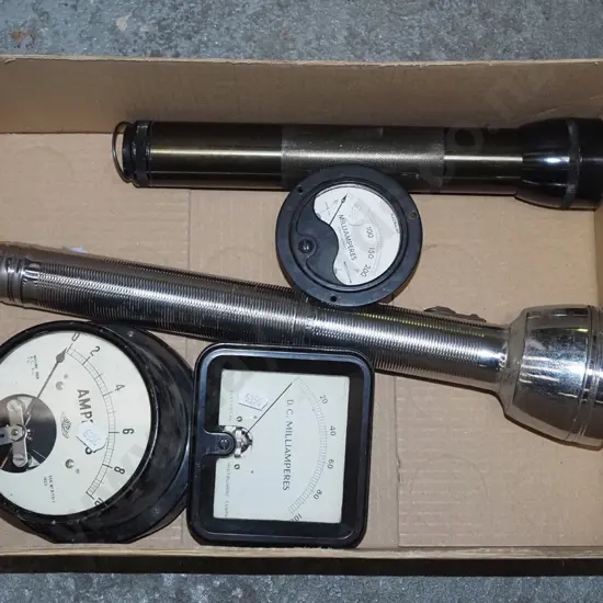 box; vintage torches, amp meters