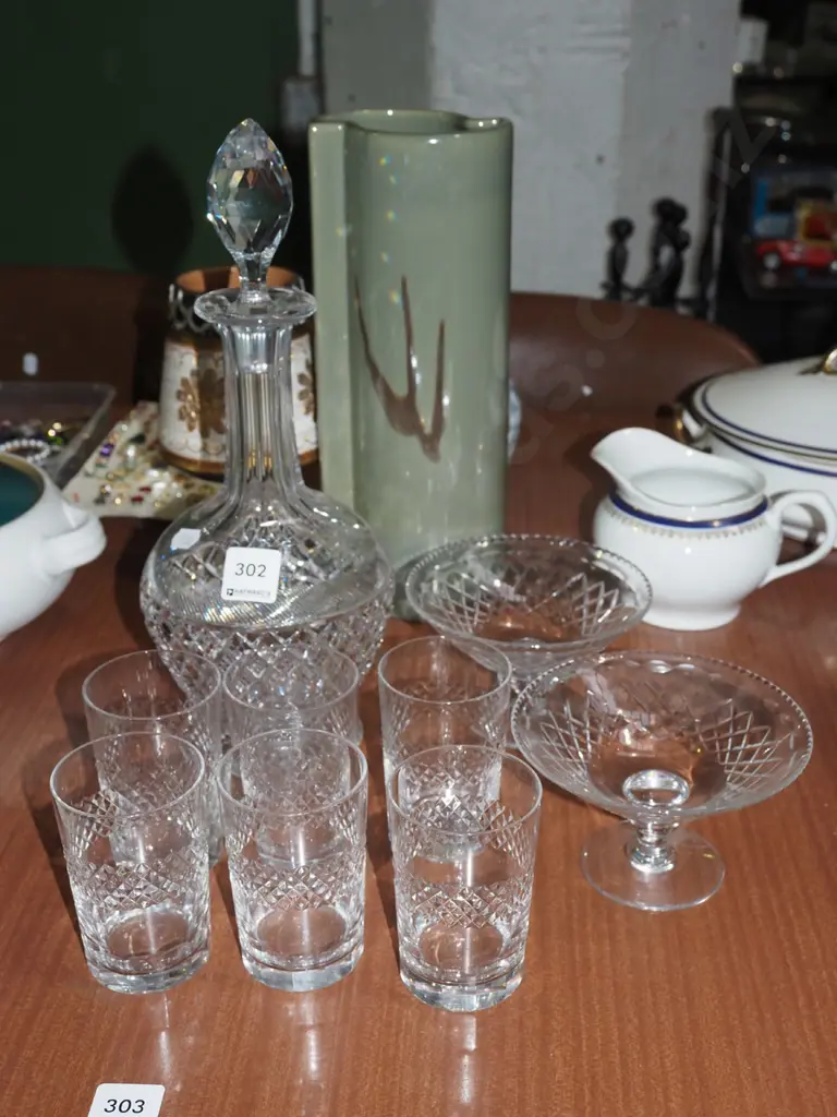 cut crystal decanter, tumblers, 2x comports Image 1++
