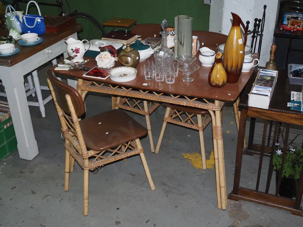 retro bamboo and cane formica topped dining table with 3 matching chairs H770 W1200 D750 Image 1++