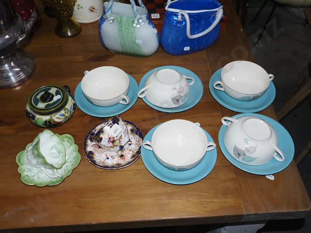 Meakin retro soup bowls, plates, cups, saucers, small lidded canister Image 1++