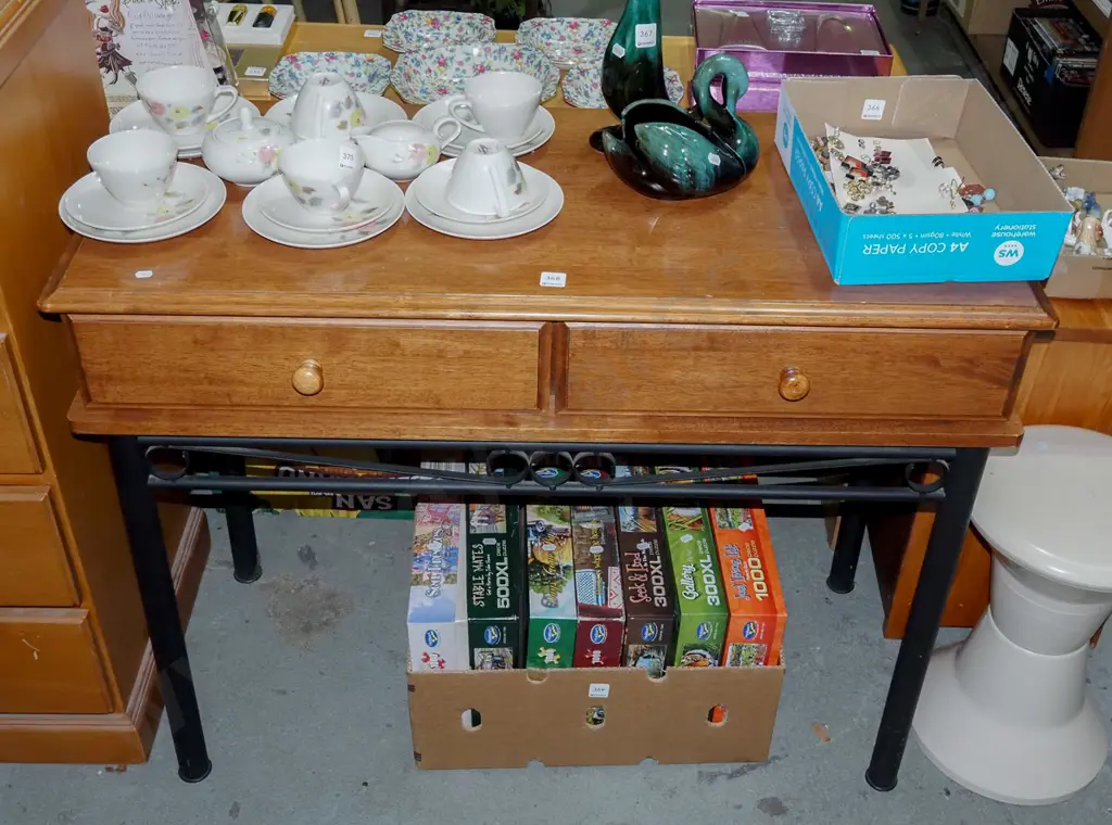metal based 2 drawer rubberwood top hall table H790 W1020 D450 Image 1++