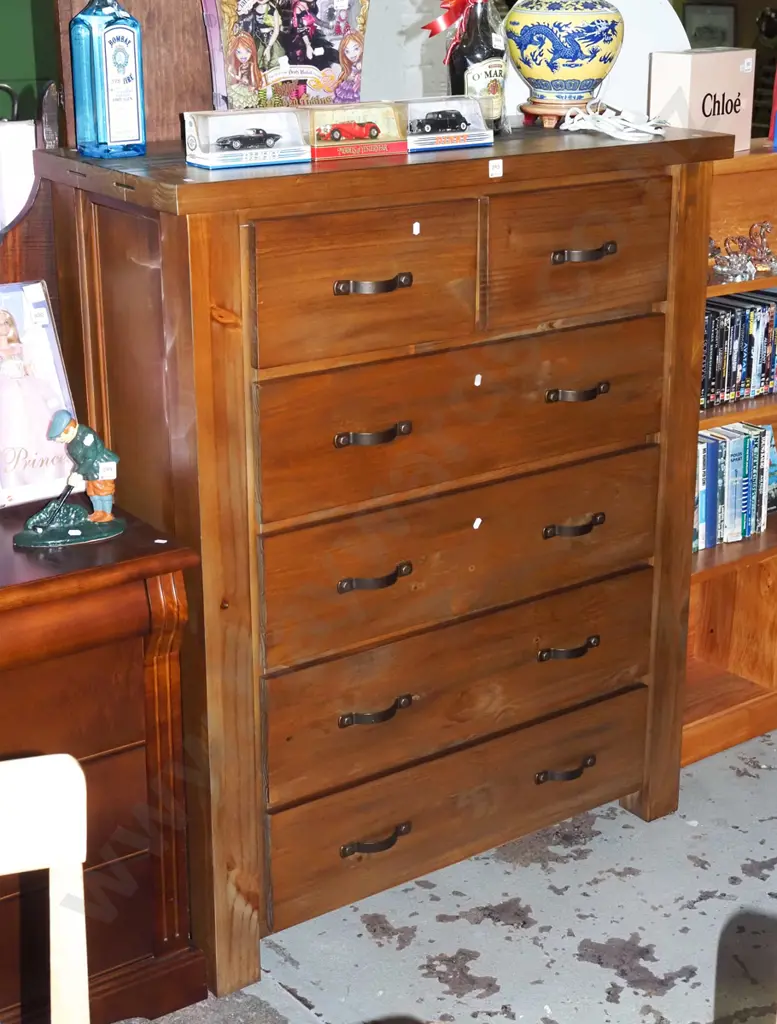 modern solid pine 6 drawer tall boy with curved metal handles - excellent condition H1280 W1050 D450 Image 1++