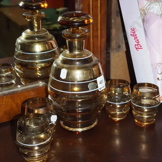 retro fold and bohemian crystal decanter, 4x small tumblers H230