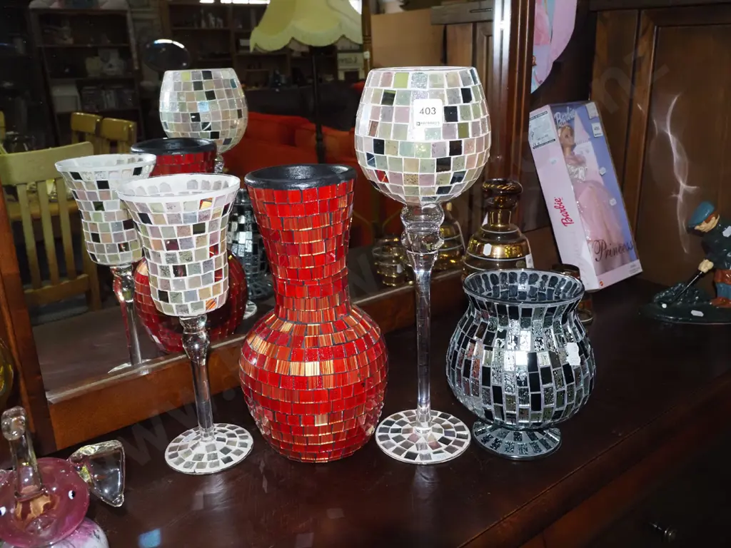mosaic glass vases, tall stemmed wine glasses H410 Image 1++