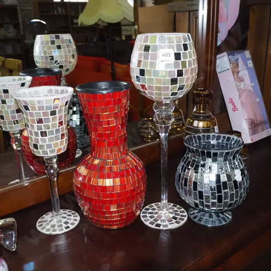 mosaic glass vases, tall stemmed wine glasses H410