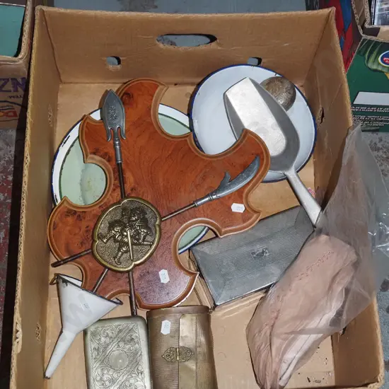 box; wall mount shield, enamel funnel, scoop, gloves etc.