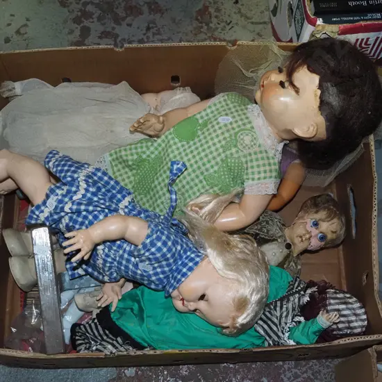 box; various vintage dolls