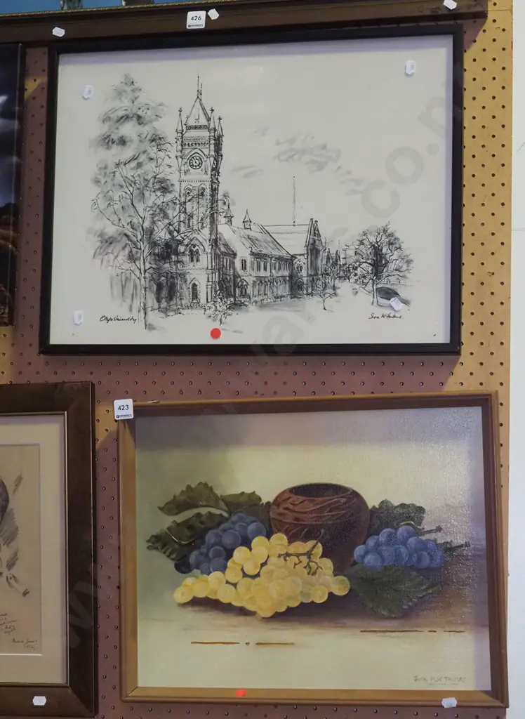 framed oil on board - still life, Shona McFarlane Otago University print - red dots Image 1++