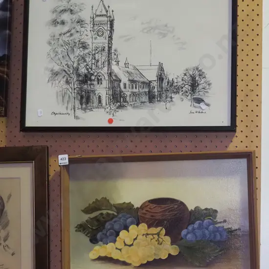 framed oil on board - still life, Shona McFarlane Otago University print - red dots