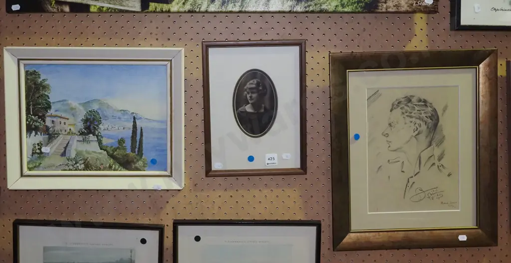 framed watercolour - Mediterranean  scene, framed photo, framed pencil - blue dots Image 1++