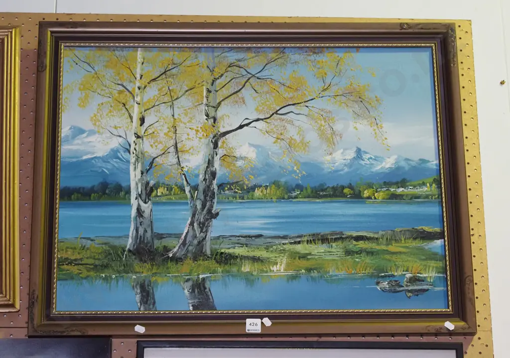 framed oil - lake and mountain scene Image 1++
