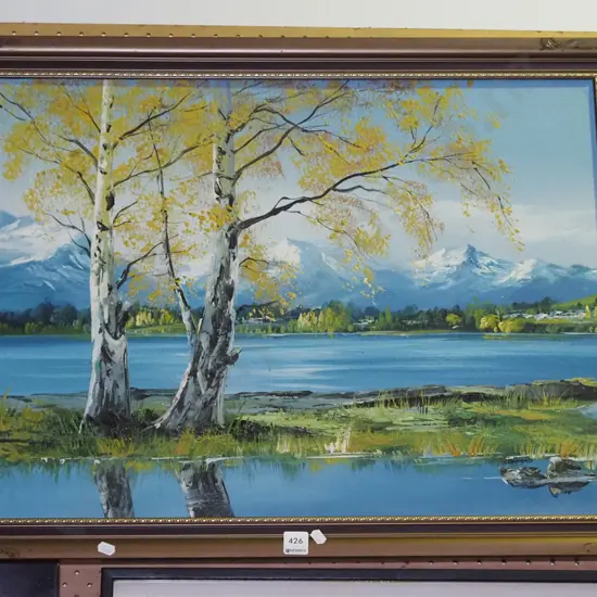 framed oil - lake and mountain scene