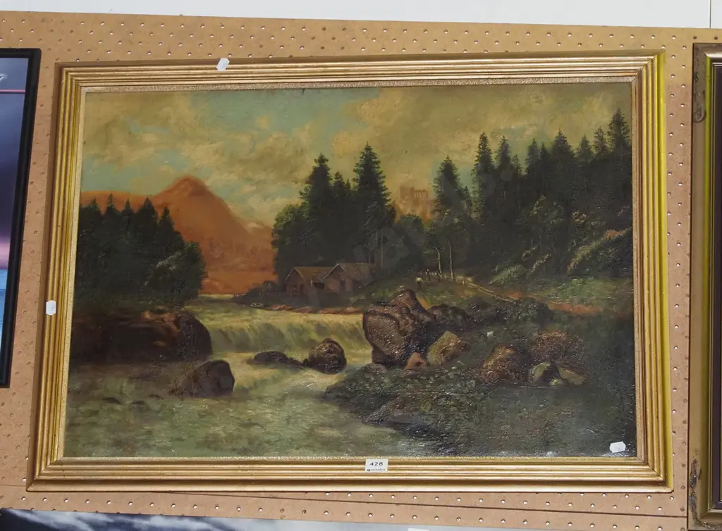 framed oil on canvas - farmhouses by stream Image 1++
